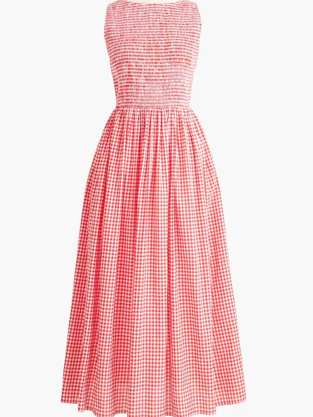 NWT J Crew Smocked Boatneck Red Gingham Midi Dress